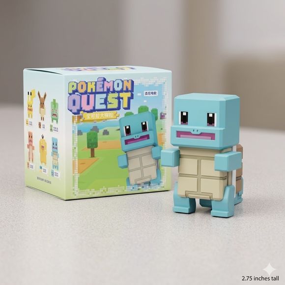 Bring the world of Pokémon Quest to life with this adorable Langbowang Pokémon Quest Series Figure featuring Squirtle. Inspired by the hit mobile game, this collectible recreates the beloved Tiny Turtle Pokémon in the game's signature block-style design, complete with cube-shaped features and pixel-inspired details.
Standing approximately 2.75 inches tall, Squirtle is crafted from durable PVC and features vibrant colors that capture its playful personality. The compact size makes it perfect for displaying
