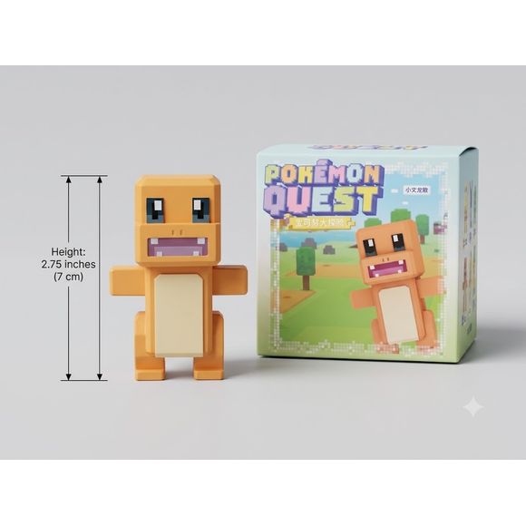 gnite your Pokémon collection with this Langbowang Pokémon Quest Series Figure featuring Charmander. Inspired by the colorful block-style world of Pokémon Quest, this collectible transforms the beloved Fire-type starter into a charming cube-shaped design while capturing all the personality that has made Charmander a fan favorite for generations.
Standing approximately 2.75 inches (7 cm) tall, this figure features vibrant colors, game-inspired details, and Charmander's iconic tail flame recreated in the sig