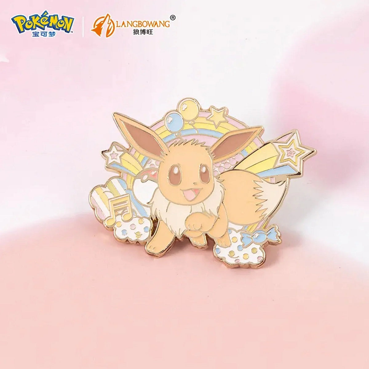 Celebrate one of Pokémon's most beloved companions with the Langbowang Pokémon Nijiiro Pop Series Eevee Metal Enamel Pin Badge! Featuring Eevee in an adorable pastel-inspired design surrounded by colorful rainbows, stars, music notes, Poké Balls, and candy accents, this beautifully crafted enamel pin is the perfect addition to any Pokémon collection.
Part of Langbowang's Nijiiro Pop Series, this premium-quality hard enamel pin features vibrant pastel colors, polished gold-tone metal, and intricate detailin