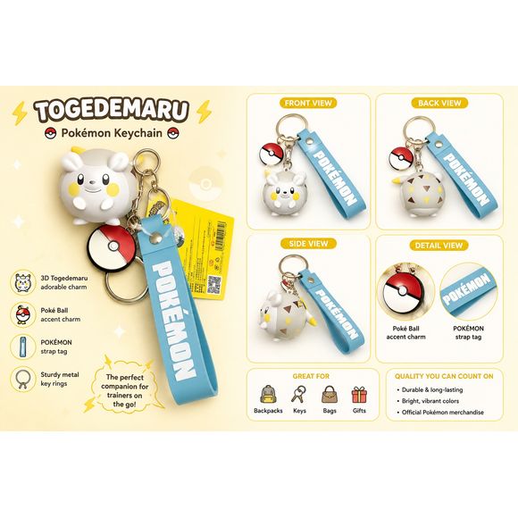 Take your favorite Electric-type Pokémon wherever you go with this adorable Togedemaru 3D Keychain! Featuring a detailed, round Togedemaru character charm with vibrant colors and a cheerful expression, this collectible accessory is perfect for Pokémon Trainers and fans alike.
The keychain includes a classic Poké Ball accent charm and a durable blue Pokémon wrist strap, making it easy to attach to keys, backpacks, purses, luggage, or display collections. Crafted from soft-touch PVC material, the 3D Togedema