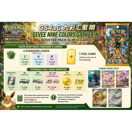 Celebrate Eevee and its Evolutions with the Pokémon TCG Chinese CS4aC Eevee Nine Colors Gathering Booster Pack Slim! This Simplified Chinese Pokémon TCG set is inspired by the Sword & Shield era, featuring many fan-favorite cards from Evolving Skies, Fusion Strike, and other late Sword & Shield expansions.
Each slim booster pack contains 5 cards: 4 standard cards (Common, Uncommon, or Rare) and 1 guaranteed foil card, which can be a Holo or a higher rarity card. Chase stunning Eeveelution artwork including