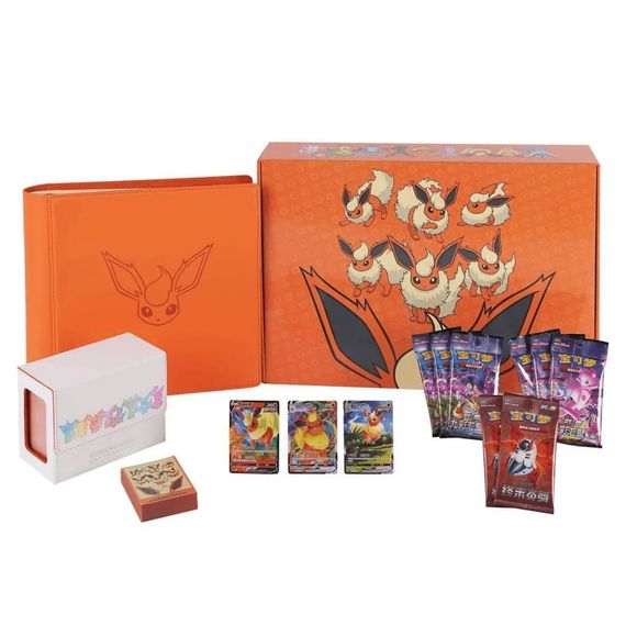 Celebrate Flareon with this premium Pokémon TCG Chinese Eeveelution Flareon Premium Gift Collector Box! This deluxe collector's set is packed with exclusive Flareon-themed accessories and authentic Chinese Pokémon TCG products, making it a must-have for Eeveelution fans. Inside you'll find 3 exclusive Flareon Special Illustration promo cards, 8 booster packs from the popular Nine Colors Gathering and Final Flame Dance expansions, plus a premium Flareon card binder, matching sleeves, and a colorful Eeveeluti