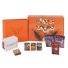 Celebrate Flareon with this premium Pokémon TCG Chinese Eeveelution Flareon Premium Gift Collector Box! This deluxe collector's set is packed with exclusive Flareon-themed accessories and authentic Chinese Pokémon TCG products, making it a must-have for Eeveelution fans. Inside you'll find 3 exclusive Flareon Special Illustration promo cards, 8 booster packs from the popular Nine Colors Gathering and Final Flame Dance expansions, plus a premium Flareon card binder, matching sleeves, and a colorful Eeveeluti