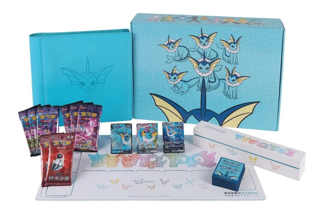 Celebrate Vaporeon with this premium Pokémon TCG Chinese Eeveelution Vaporeon Premium Gift Collector Box! This deluxe collector's set is packed with exclusive Vaporeon-themed accessories and authentic Chinese Pokémon TCG products, making it a must-have for Eeveelution fans. Inside you'll find 3 exclusive Vaporeon Special Illustration promo cards, 8 booster packs from the popular Nine Colors Gathering and Final Flame Dance expansions, plus a premium Vaporeon card binder, matching sleeves, and a colorful Eeve