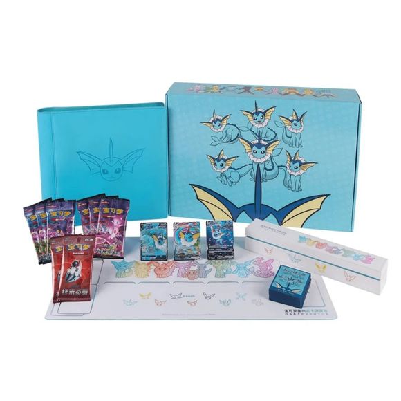 Celebrate Vaporeon with this premium Pokémon TCG Chinese Eeveelution Vaporeon Premium Gift Collector Box! This deluxe collector's set is packed with exclusive Vaporeon-themed accessories and authentic Chinese Pokémon TCG products, making it a must-have for Eeveelution fans. Inside you'll find 3 exclusive Vaporeon Special Illustration promo cards, 8 booster packs from the popular Nine Colors Gathering and Final Flame Dance expansions, plus a premium Vaporeon card binder, matching sleeves, and a colorful Eeve
