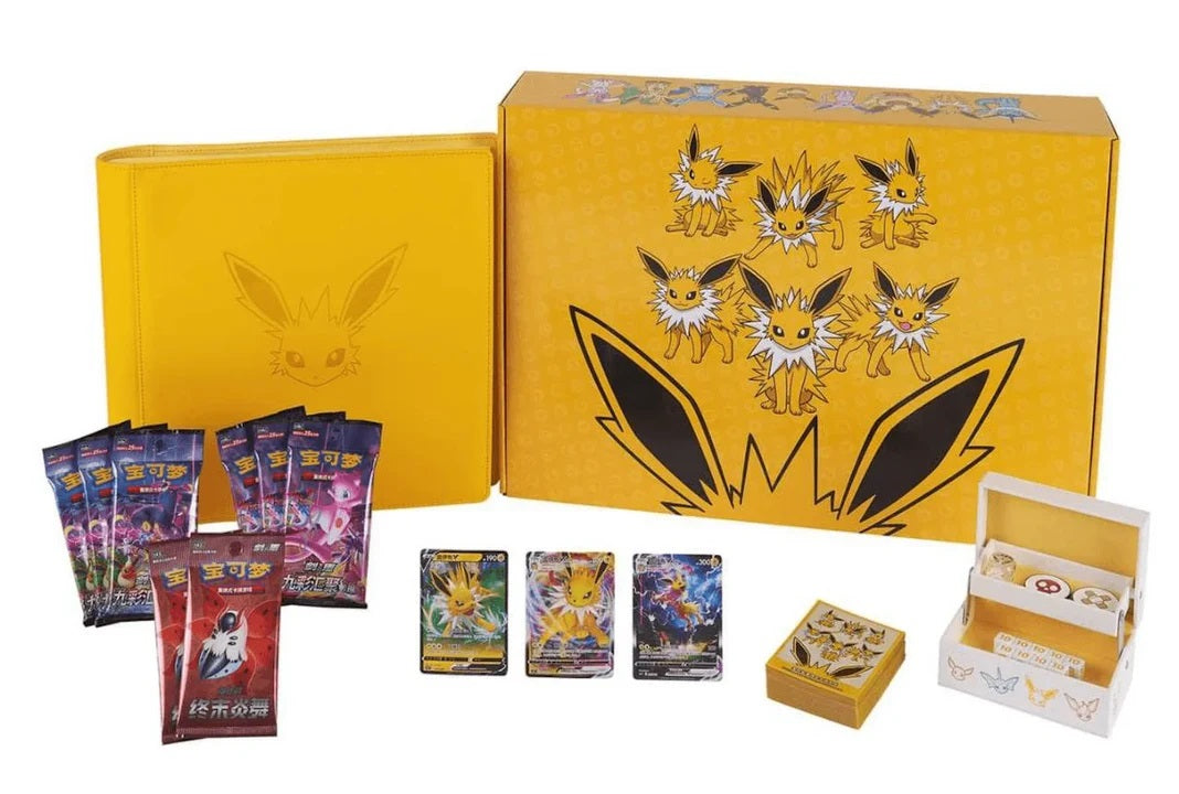Celebrate Jolteon with this premium Pokémon TCG Chinese Eeveelution Jolteon Premium Gift Collector Box! This deluxe collector's set is packed with exclusive Jolteon-themed accessories and authentic Chinese Pokémon TCG products, making it a must-have for Eeveelution fans. Inside you'll find 3 exclusive Jolteon Special Illustration promo cards, 8 booster packs from the popular Nine Colors Gathering and Final Flame Dance expansions, plus a premium Jolteon card binder, matching sleeves, and a colorful Eeveeluti
