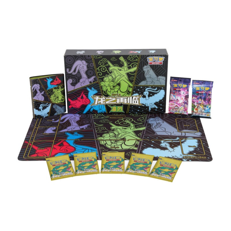 <p>Celebrate the return of Dragon-type Pokémon with the <strong>Pokémon TCG Simplified Chinese Dragon Return Advanced Gift Box - Rayquaza</strong>!</p>
<p>This premium collector set features <strong>Rayquaza</strong> and was released as part of the <strong>Dragon Return</strong> product line for the Mainland China Pokémon TCG.</p>
<p>The box includes a generous selection of Dragon Return and Nine Colors Gathering booster packs, along with premium Rayquaza-themed accessories designed for both play and coll