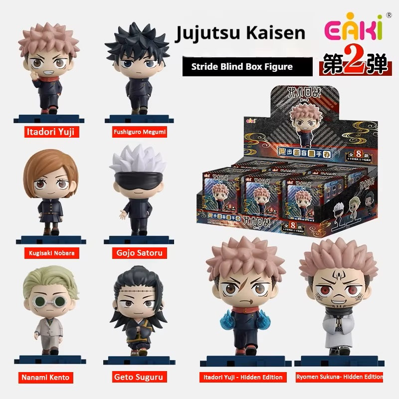 Step into the world of sorcery with the EAKI Jujutsu Kaisen Stride Series Season 2 Figure Blind Box!
Inspired by Jujutsu Kaisen Season 2, this dynamic series features fan-favorite characters like Gojo, Geto, Yuji, and more in stylized “stride” poses, capturing their movement and personality in a sleek, collectible form. Each figure showcases detailed sculpting and vibrant paintwork that brings the action of the series to life.
Every blind box includes one randomly selected figure, making each unboxing a t