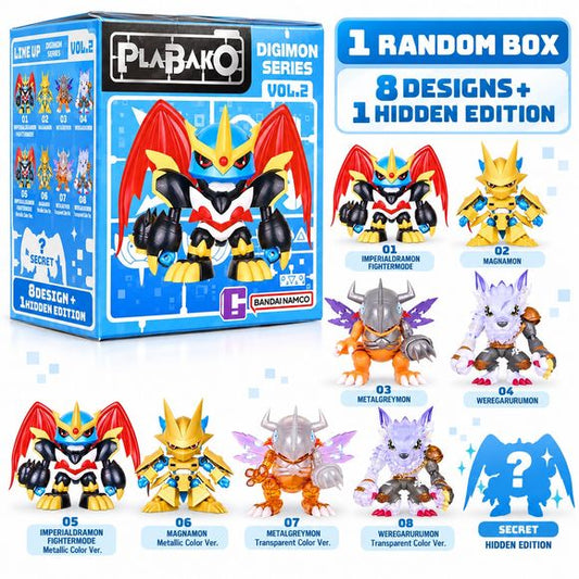 <p><strong>Each box contains 1 random Digimon model kit. Specific designs cannot be selected.</strong></p>
<p>Build and collect fan-favorite Digimon with the <strong>PLABAKO Digimon Series Vol. 2 Blind Box Model Kit</strong> series!</p>
<p>Each sealed blind box contains one randomly packed plastic model kit featuring a stylized Digimon design. The parts come on color-molded runners and are designed to be assembled into a compact collectible figure.</p>
<p>Series Vol. 2 features <strong>8 regular designs