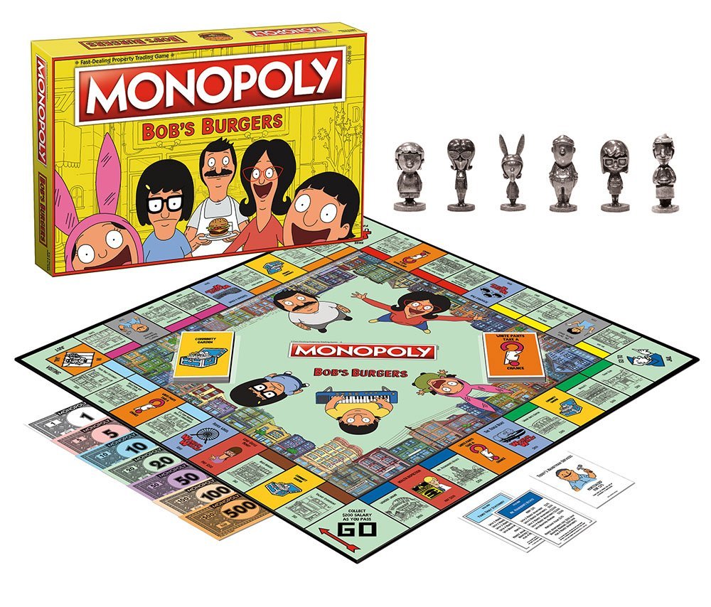 "Chorizo your own adventure burger" in this classic edition of Monopoly! buy, sell, and trade locations from “Seymour's bay” including Jimmy pesto’s Pizzeria, wag staff school, beville’s, and wonder Wharf. Choose your favorite custom character token to travel around the board and relive your favorite moments from the show. Grab your apron and get cooking’ in this custom Bob's burgers edition of Monopoly