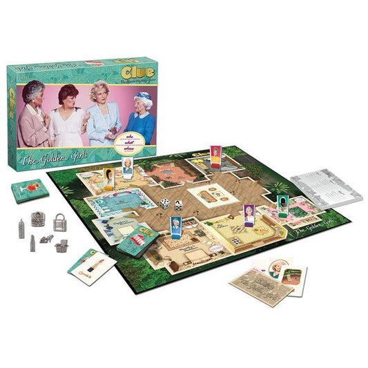 The golden girls clue features a custom illustrated game board, where players attempt to solve the crime of who ate the cheesecake, what they left at the scene of the crime, and which room they did it in.