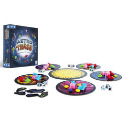 The race is on to declutter your planet! Astro Trash is a game in which each player must get rid of all the "trash" on their play mat at the expense of the players to their left and right. Players simultaneously roll three dice and rapidly move game pieces according to the direction, quantity, and color indicated on the dice.
Astro Trash in an edge-of-your-seat space race to rid the solar system of free-floating debris! After a Trash craft lost control, it's up to you to protect your planet and keep it f