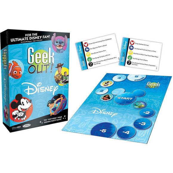 This enchanting version of Geek Out! Disney, which lets know-it-alls boast their expertise in certain topics to win, presents fantasy and animated film buffs with the ultimate test of Disney knowledge. Players are inspired to rack their brain on random Disney-related factoids while challenging others to “out-geek” them with their rivaling knowledge!
A six-sided die determines which of five magical categories the question will address: Disney animation, Pixar, Live Action, Music and Miscellaneous. After t