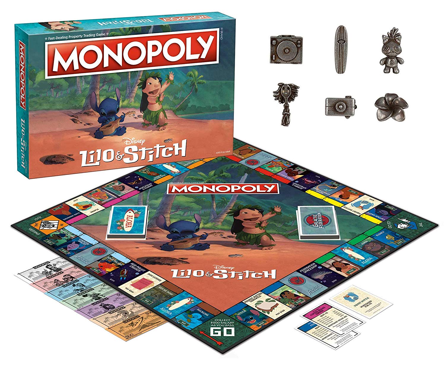 Say "aloha" to out-of-this-world adventure with Monopoly: Lilo & Stitch! Buy, sell and trade your favorite humble and beloved characters from the hit Disney movie in this tropical twist on the classic game. Face Galactic Federation odds and hula your way across the big island with Lilo, Nani, Stitch, and more of both alien and human kind to accumulate houses and hotels. It's a Hawaiian roller-coaster ride to become the model citizen with the most riches, and "Ohana means family" so don't get left behind!