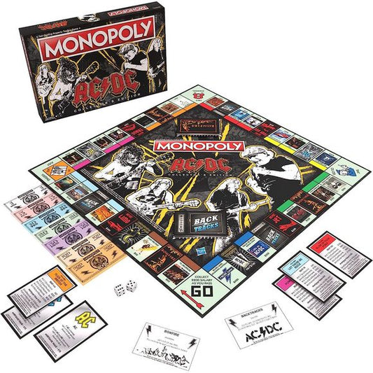 It's a long way to the top if you wanna rock this ultimate game for AC/DC fans! MONOPOLY: AC/DC Collector's Edition lets players buy, sell, and trade the Australian classic rock band's most popular albums and locations, including AC/DC Lane, "For Those About to Rock," "TNT," and more! Travel the board with custom song-inspired tokens such as a cannon, dynamite, or bell to upgrade your properties with Gold Records and Platinum Records. Stack your cash like amps with the help of profitable Bonfire and Backtra