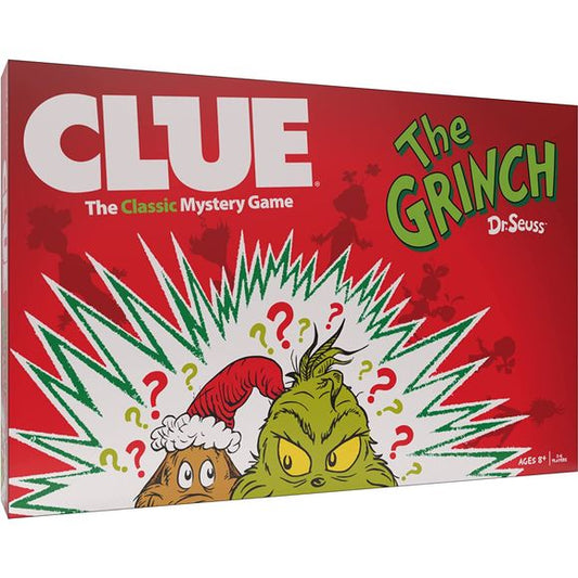 A timeless holiday theft is up to you to solve in this nostalgic version of the classic mystery game! Based on Dr. Seuss’s story about the grouchy green troublemaker that hijacks Whoville’s decorations, CLUE: How the Grinch Stole Christmas lets players wear the shoes of Cindy-Lou, Papa Who, and other residents of Whoville to determine WHO caught “the mean one” in the act, WHAT object The Grinch stuffed up the chimney, and WHERE in the town it was taken from!
Includes: 1 Custom Game Board, 6 Character Mover