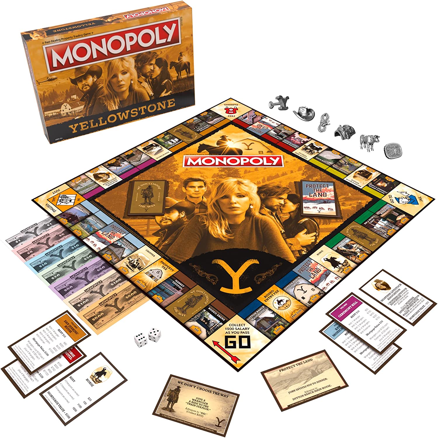 All’s fair in love and land in this ultimate game for Yellowstone fans! MONOPOLY: Yellowstone lets players buy, sell, and trade well-known locations anchored by the Dutton family’s coveted cattle ranch, including Kayce and Monica’s House and the Painted Horse Casino & Hotel. Gear up with collectible cowhand-related tokens and post Wranglers and Foremen to secure your grounds to be the last operator standing with custom Yellowstone currency to win!
Includes: 1 Game Board, 6 Collectible Tokens, 28 Title Deed