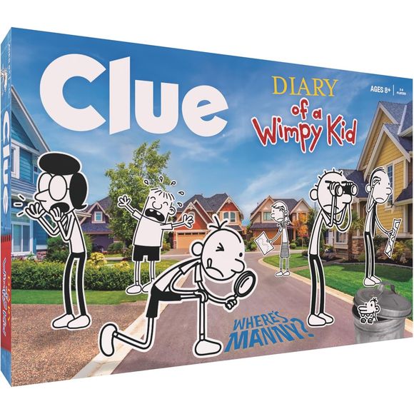 Join your favorite “Wimpy Kid” from Jeff Kinney’s popular book series to solve the mystery and win this custom illustrated version of the classic mystery game! In CLUE: Diary of a Wimpy Kid, Greg Heffley has lost sight of his little brother Manny, and it’s up to you to help recover the toddler before time runs out! Take on the roles of Greg, his family, and friends to figure out WHERE Manny has wandered off, WHO he’s with, and WHAT distracted him!