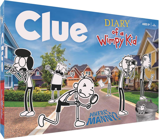 Join your favorite “Wimpy Kid” from Jeff Kinney’s popular book series to solve the mystery and win this custom illustrated version of the classic mystery game! In CLUE: Diary of a Wimpy Kid, Greg Heffley has lost sight of his little brother Manny, and it’s up to you to help recover the toddler before time runs out! Take on the roles of Greg, his family, and friends to figure out WHERE Manny has wandered off, WHO he’s with, and WHAT distracted him!