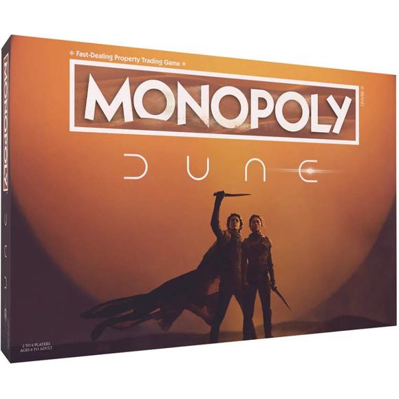 Experience life's mysteries through one of the greatest tales of contemporary sci-fi with the ultimate game for Dune fans. MONOPOLY®: Dune lets players buy, sell, and trade influence with characters of different factions from the epic franchise, such as Paul, Emperor Shaddam, Princess Irulan, and more. Travel the board with custom collectible tokens based on items from the film: a Muad'Dib, Crysknife, Gom Jabbar, Maker Hooks, Ornithopter, and Ducal Ring. Featuring Fate and Politcs cards in the roles of the