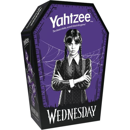 Enjoy the timeless fun of Yahtzee with the dark charm of the Wednesday series. Channel your inner Wednesday Addams as you roll the custom dice, featuring symbols reflecting the show's dark theme. Housed in a collector's edition coffin-shaped dice cup, this set is an ideal choice for both avid fans of the series and board game enthusiasts.