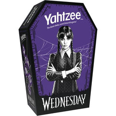 Enjoy the timeless fun of Yahtzee with the dark charm of the Wednesday series. Channel your inner Wednesday Addams as you roll the custom dice, featuring symbols reflecting the show's dark theme. Housed in a collector's edition coffin-shaped dice cup, this set is an ideal choice for both avid fans of the series and board game enthusiasts.