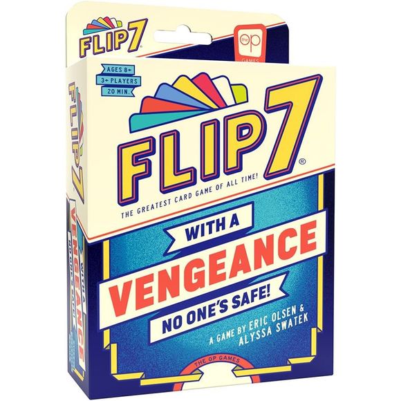 Flip 7 is back - With a Vengeance! All of the fun of the original game, plus new player interactions and special take-that cards!
Flip over cards one by one without flipping the same number twice. Sound easy? Think again! This isn't just any deck of cards… In Flip 7: With A Vengeance, there's only one 1 card, two 2's, three 3’s, etc. plus a bunch of special cards that can cut your points in half, steal any card, or force an opponent to draw four cards! Are you the type of player to play it safe and bank po
