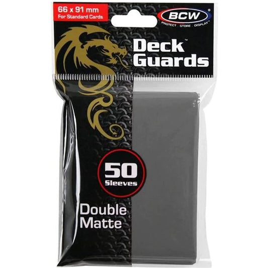 Deck Guards are firm enough to protect your cards' corners while the matte finish makes them shuffle-able and easy to handle. Clear matte front helps make your cards legible from across the table. Strong seams and sturdy material means you won't bow out before you're done. These card sleeves will turn heads as you crank up your game and tack another victory on your scorecard. Give your other sleeves the boot and tap into your unspent power in BCW's Double Matte Deck Guards. Designed to fit 2½" x 3½" game ca