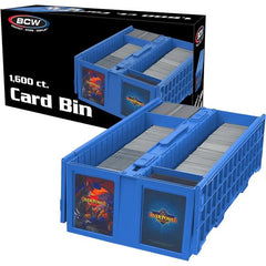 The BCW Card Bin is a premium version of the cardboard, 2-row Shoe Box. Instead of corrugated cardboard, Card Bins are made from durable, acid-free plastic. These Card Bins have a pair of hinged lids that fold over the sides when open. When closed, latches keep the lids shut and cards secure. Card Bins are stackable with feet on the bottom that rest in the lid of the bin below it to prevent sliding. The rows in the bins are notched along the top to hold separating partitions. Two Card Bin Partitions come wi