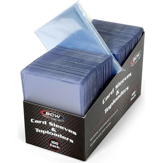 The Combo Pack of 100 BCW Standard Card Top Loaders and Penny Sleeves is a practical solution for collectors, providing both protection and visibility for their card collections. Crafted from acid-free, crystal clear polypropylene, the penny sleeves prevent degradation during long-term storage. The toploaders, made from high-quality, rigid PVC, are recognized in the collectible card industry for their durability and effectiveness as a protective barrier, while also enhancing the display of cards.