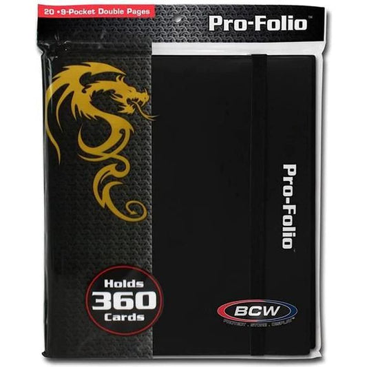 The BCW Pro-Folio will accommodate 360 cards and features side-loading pockets to prevent the cards from sliding out of place. Our premium, double-sided, archival safe polypropylene pages will not harm the cards stored within and offer anattractive method to protect, store, and display your collectibles.. Acid-Free, archival safe polypropylene pages. No PVC Matte front and back cover Elastic band closure Contains 20 premium double-sided pages Side-loading, 9-pocket pages
