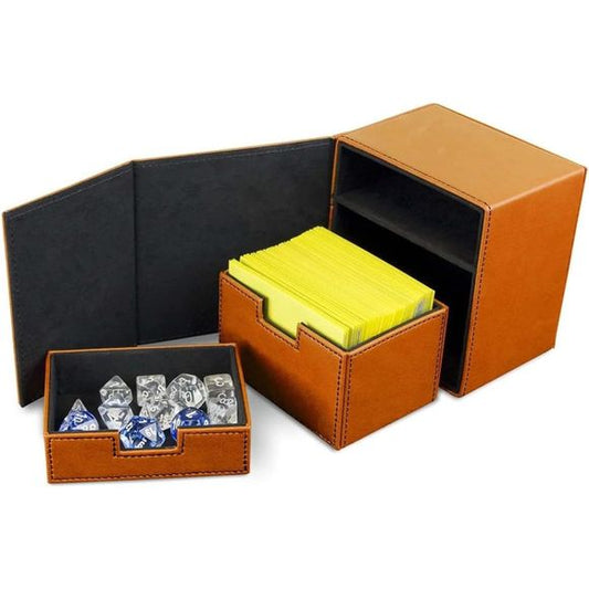 Holds over 100 sleeved gaming cards Padded faux leather outer shell Shiny, bright orange with black stitching Flip-open panels with strong magnetic closure Removable inner deck and dice trays_The BCW Deck Vault is a card box built to last and will not let you down. It features a padded faux leather outer shell with a microfiber faux-suede interior. The contrasting black stitching complements its vibrant exterior. The durable construction will keep your cards safe from damage and make sure your deck is ready