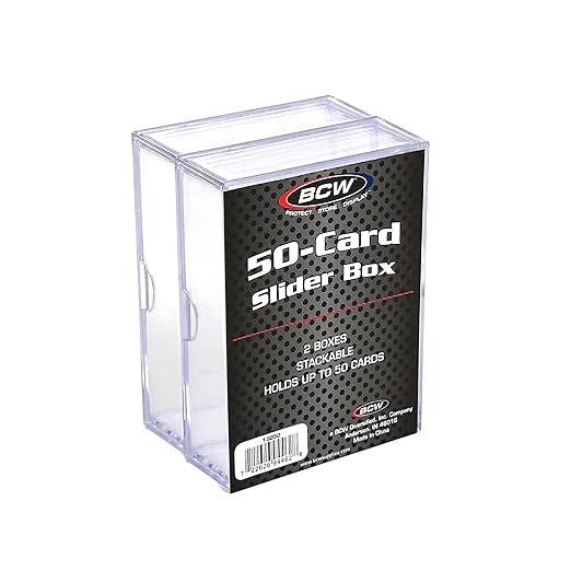 The BCW 2-Piece Slider Box is made of crystal clear, high impact polystyrene and features a friction fit design. Use this box to store, protect and display collectible trading cards like: baseball cards, basketball cards, football cards, Magic The Gathering, Yu-Gi-Oh, Pokemon, and others.
This pack has two 50 Count Boxes (100 Cards)