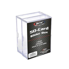 The BCW 2-Piece Slider Box is made of crystal clear, high impact polystyrene and features a friction fit design. Use this box to store, protect and display collectible trading cards like: baseball cards, basketball cards, football cards, Magic The Gathering, Yu-Gi-Oh, Pokemon, and others.
This pack has two 50 Count Boxes (100 Cards)