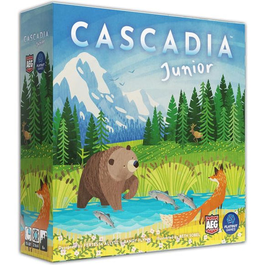 What will you see on your adventure in Cascadia? On your turn, build out your map and match animals and habitats to add sightings to your panorama and score points! Cascadia Junior lets younger players experience the spatial puzzle of the award-winning board game Cascadia! This junior version teaches pattern building, set collection, and basic addition. Learn about bears, elk, foxes, hawks, and salmon in this diverse land of mountains, wetlands, prairies, rivers, and forests!