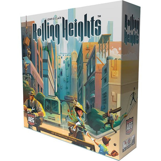 ROLLING HEIGHTS: Roll Your Meeples, Build the City! It's the 1920's and your career as a general contractor is about to take off. You have just started your business in a rapidly expanding city. However, fierce competitors are nipping at your heels. Will you be able to motivate your workers to keep up with the flow of lucrative contracts coming your way, or will one of your crafty rivals find a way to surpass you? In Rolling Heights, players roll workers in the form of meeples. Standing meeples work hard th
