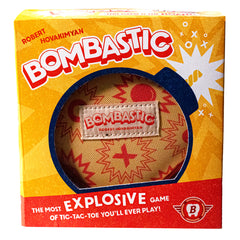 Find three in a row without causing an explosion! Bombastic is a spicy, five-minute, travel-friendly game for two players. One player is Xs, and the other is Os — pretty standard so far. But what you don't know can hurt you. Nine chunky tiles are shuffled face down into a 3×3 grid — 4 of them Xs, 4 of them Os, and the last? A ticking, delicate bomb. Can you find your tiles without blowing up?