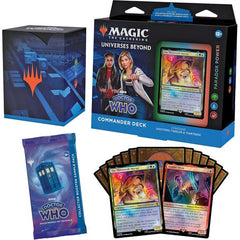 The Paradox Power MTG Commander deck showcases the Twelfth and Thirteenth Doctors and their companions with a 100-card deck featuring 2 Traditional Foil Legendary cards and 98 nonfoil cards
