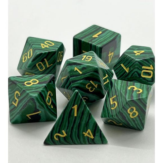 The perfect companion for your gaming needs! These premium, high-end cut stone polyhedral dice are exactly what you've been searching for that upcoming game night with the group. Each set weighs roughly 8 ounces and are stored in a quality, brushed metal tin with foam insert. These dice are imitation stone with nice weight to them and engraved each with crisp, easy-to-read numerals. Many styles and colors are available.
This set includes one of each: d20, d12, d10, d10 (percentile), d8, d6, and a d4 (7 dic