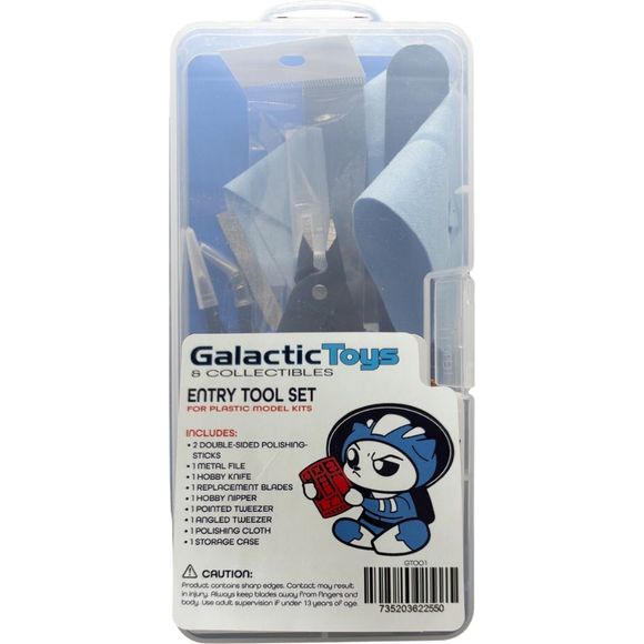 The Galactic Toys Entry Tool Set is suitable for beginner and advanced modelers alike. Perfect for building various plastic models, papercraft, or other crafts and hobbies. The entry tool set includes: 2 double-sided polishing sanding sticks, 1 metal file, 1 hobby knife, replacement blades (5) for hobby knife, 1 hobby nipper side cutter, 1 Pointed Straight Tweezer, 1 angled tweezer, 1 polishing cloth, and 1 storage case with plenty of room to add your other tools.