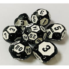 The perfect companion for your gaming needs! These premium die-cast polyhedral dice are exactly what you've been searching for that upcoming game night with the group. Each set weighs roughly 5 ounces and are stored in a quality, brushed metal tin with foam insert. These dice are engraved with crisp, easy-to-read numerals. Many styles and colors are available.
This set includes on of each: d20, d12, d10, d10 (percentile), d8, d6, and a d4 (7 dice in total). All inside the Galactic Toys Dice Tin.