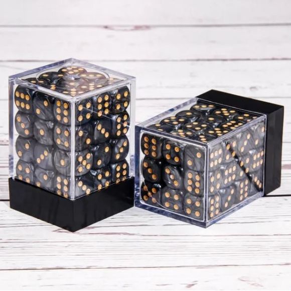 36 individual D6 dice in a container.