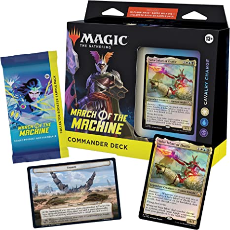 Cavalry Charge (White-Blue-Black deck)—100-card ready-to-play March of the Machine Commander Deck with 2 Traditional Foil Legendary cards and 98 nonfoil cards
10 Planechase cards and 1 planar die to trigger unique abilities and jump across the Multiverse
2-card Collector Booster Sample Pack—contains 2 special treatment cards from the March of the Machine main set, including 1 Rare or Mythic Rare and at least 1 Traditional Foil card
Deck introduces 10 never-before-seen MTG cards to Commander
Accessories—1 Fo