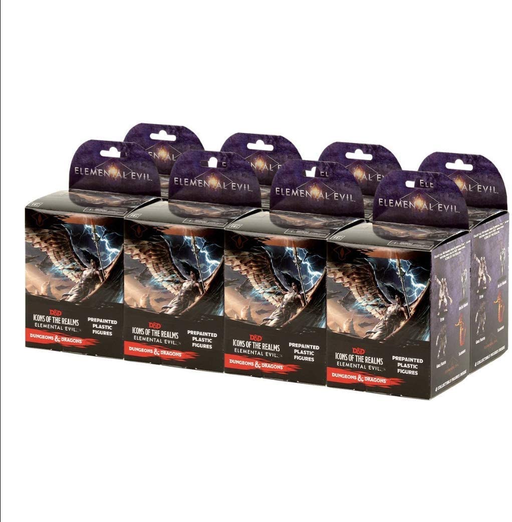 1 Booster Brick of 8 Boxes. Collect all 44 figures from Elemental Evil, the newest set of randomly sorted monsters and heroes in our exciting new line of D&D miniatures, Icons of the Realms.
Bring the world of the Forgotten Realms to life with these new miniatures from the Elemental Evil storyline. Wage war against prophets, monsters and elemental creatures to thwart their devious plans to wreak massive amounts of havoc upon the Material Plane!
D&D Icons of the Realms Standard Boosters each contains