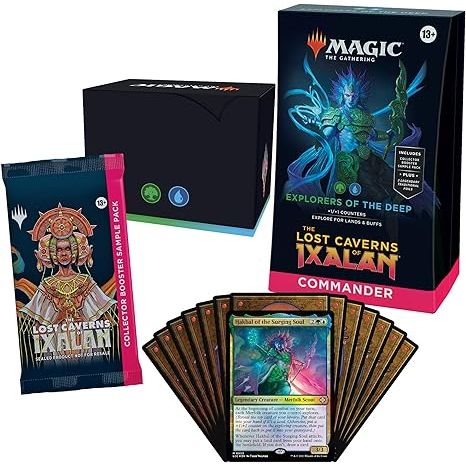 Includes 1 ready-to-play deck of 100 Magic cards (2 Traditional Foil Legendary cards, 98 nonfoil cards), a 2-card Collector Booster Sample Pack (contains 2 alt-border cards, with 1 Traditional Foil or nonfoil card of rarity Rare or higher and 1 Traditional Foil Uncommon card), 1 foil-etched Display Commander (a thick cardstock copy of the commander card with foil etched into the card’s border and art), 10 double-sided tokens, 1 deck box (can hold 100 sleeved cards), 1 Life Wheel, 1 strategy insert, and 1 re