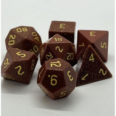 The perfect companion for your gaming needs! These premium, high-end cut stone polyhedral dice are exactly what you've been searching for that upcoming game night with the group. Each set weighs roughly 8 ounces and are stored in a quality, brushed metal tin with foam insert. These dice are a rich quality stone with nice weight to them and engraved each with crisp, easy-to-read numerals. Many styles and colors are available.
This set includes on of each: d20, d12, d10, d10 (percentile), d8, d6, and a d4