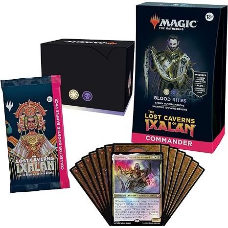 Includes 1 ready-to-play deck of 100 Magic cards (2 Traditional Foil Legendary cards, 98 nonfoil cards), a 2-card Collector Booster Sample Pack (contains 2 alt-border cards, with 1 Traditional Foil or nonfoil card of rarity Rare or higher and 1 Traditional Foil Uncommon card), 1 foil-etched Display Commander (a thick cardstock copy of the commander card with foil etched into the card’s border and art), 10 double-sided tokens, 1 deck box (can hold 100 sleeved cards), 1 Life Wheel, 1 strategy insert, and 1 re