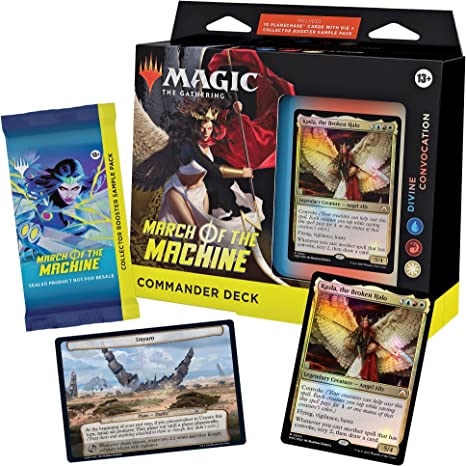 Divine Convocation (Blue-Red-White deck)—100-card ready-to-play March of the Machine Commander Deck with 2 Traditional Foil Legendary cards and 98 nonfoil cards
10 Planechase cards and 1 planar die to trigger unique abilities and jump across the Multiverse
2-card Collector Booster Sample Pack—contains 2 special treatment cards from the March of the Machine main set, including 1 Rare or Mythic Rare and at least 1 Traditional Foil card
Deck introduces 10 never-before-seen MTG cards to Commander
Accessories—1