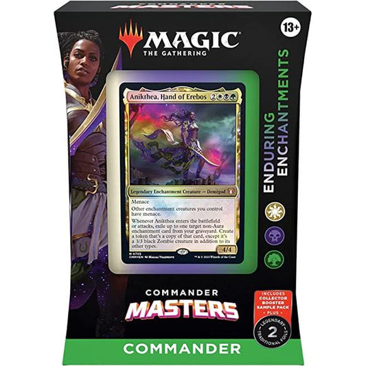 POWERFUL RIGHT OUT OF THE BOX—Take your Commander game to the next level with a high-powered, ready-to-play deck
PLAY WITH COMMANDER’S GREATEST HITS—Turn heads with a deck stacked with reprints of some of the greatest cards to grace Magic’s most popular format
INTRODUCES 10 COMMANDER CARDS—Each Commander deck also introduces 10 never-before-seen Magic: The Gathering cards
WHITE-BLACK-GREEN COMMANDER DECK—get the Enduring Enchantments Commander Deck, a White-Black-Green 100-card deck containing 2 Foil Legend
