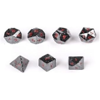The perfect companion for your gaming needs! These premium, high-end cut stone polyhedral dice are exactly what you've been searching for that upcoming game night with the group. Each set weighs roughly 8 ounces and are stored in a quality, brushed metal tin with foam insert. These dice are a rich quality stone with nice weight to them and engraved each with crisp, easy-to-read numerals. Many styles and colors are available.
This set includes on of each: d20, d12, d10, d10 (percentile), d8, d6, and a d4
